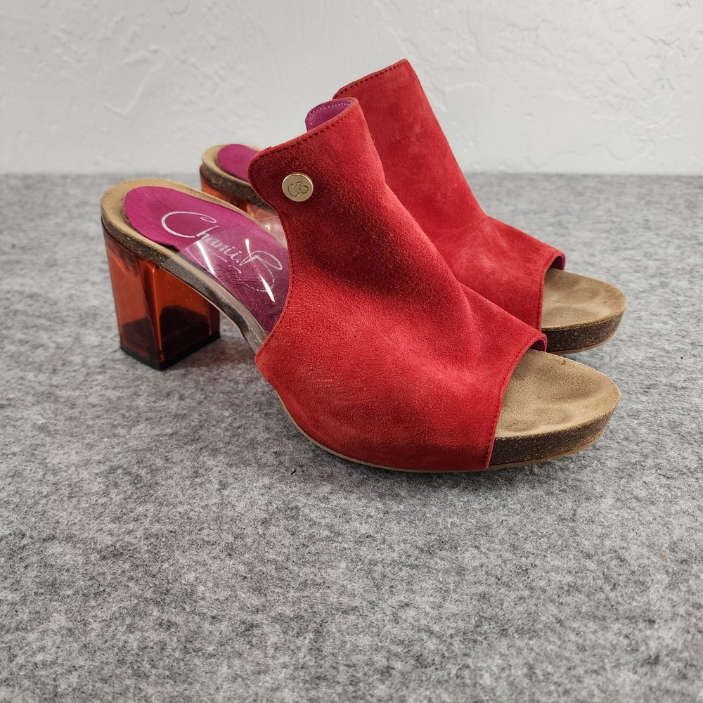 Chanii B Sz 40 US 8 | Red Suede Clear Lucite Block Heel Peep Toe Mules Portugal
